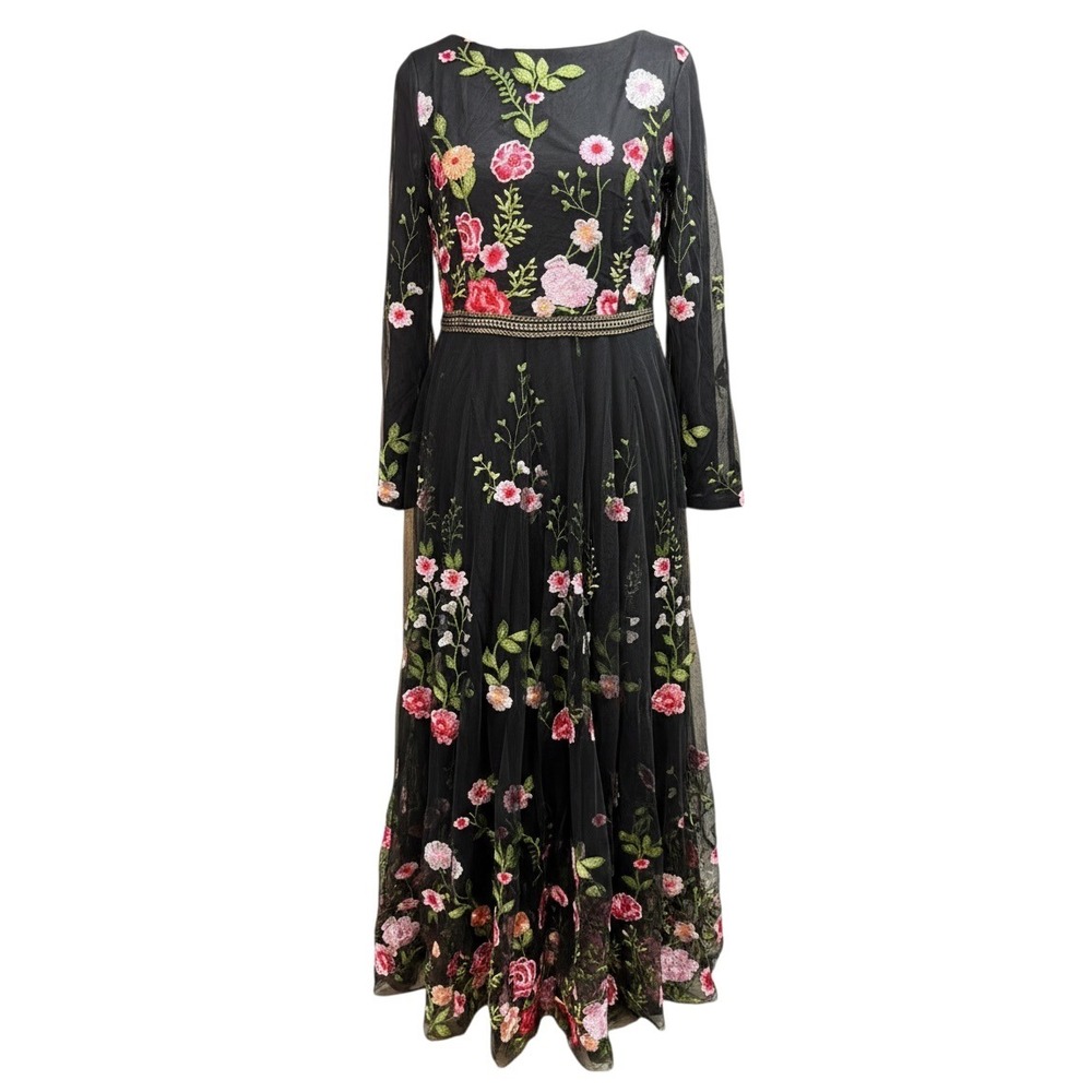 SHEIN NWT Floral Embroidered Long Sleeve Maxi Dress Black Evening Gown Large
